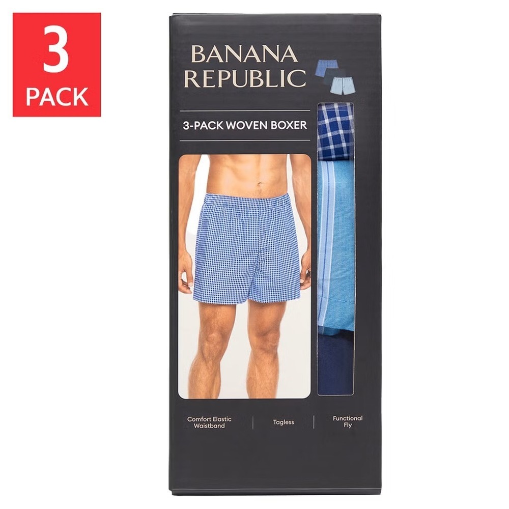 Banana Republic Woven Cotton Boxers Mens XL Blue Plaid Stripe Solid 3-Pack NIB